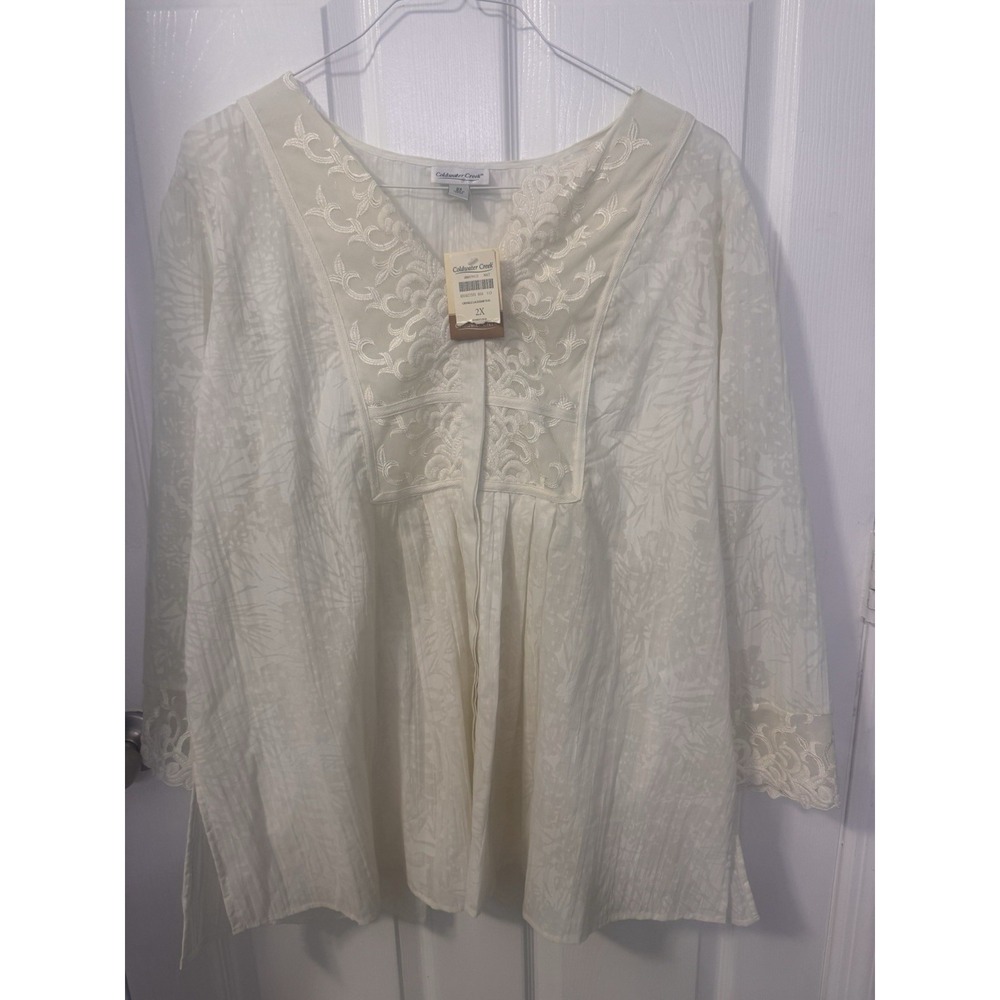 Coldwater Creek Womens 2X NWT Ivory Embroidered Lace Crinkle Tunic Top